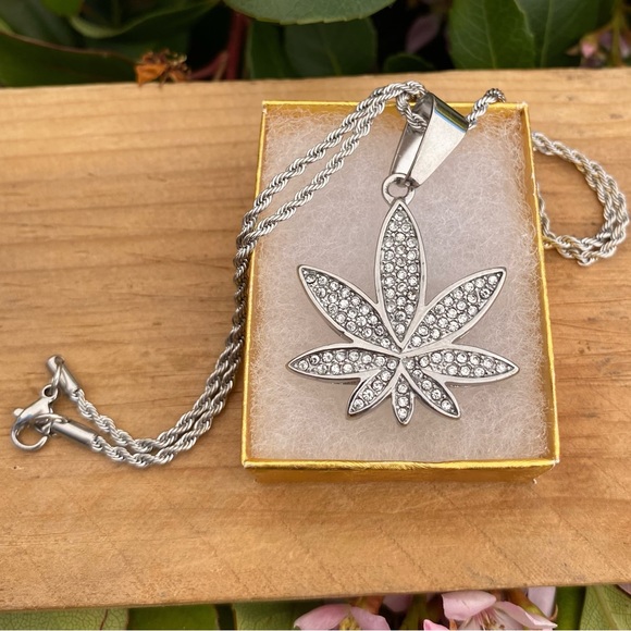 Cannabis leaf Pendant Stainless Steel  Necklace Pave In Clear CZ Women Man Cool - Picture 5 of 5